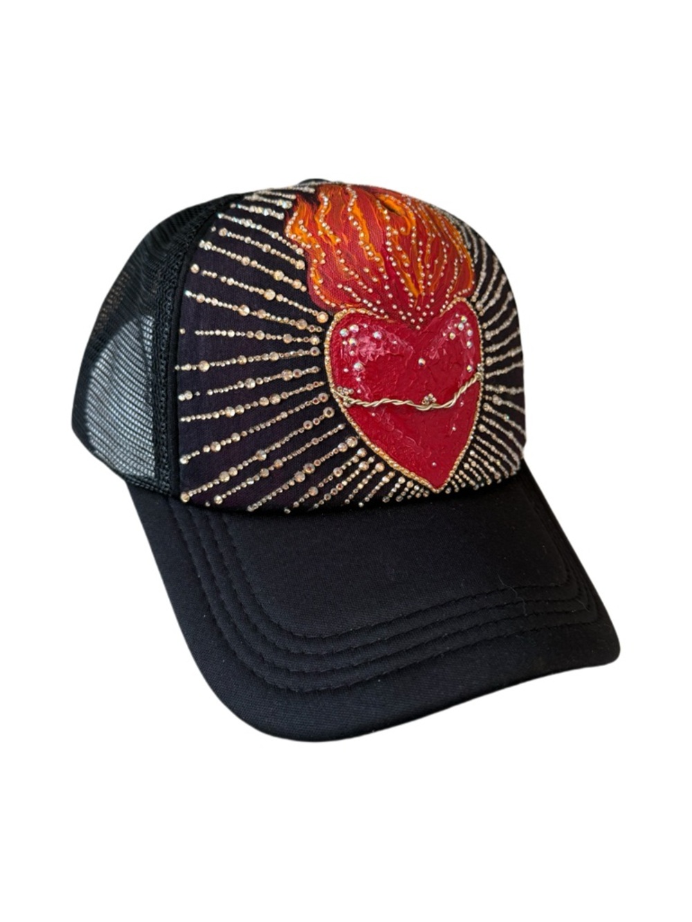 Black Trucker Hat with Red Flaming Heart Embellishment